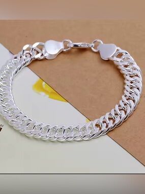 925 Sterling Silver Double Cuban Link Heart Clasp Bracelet - Silver